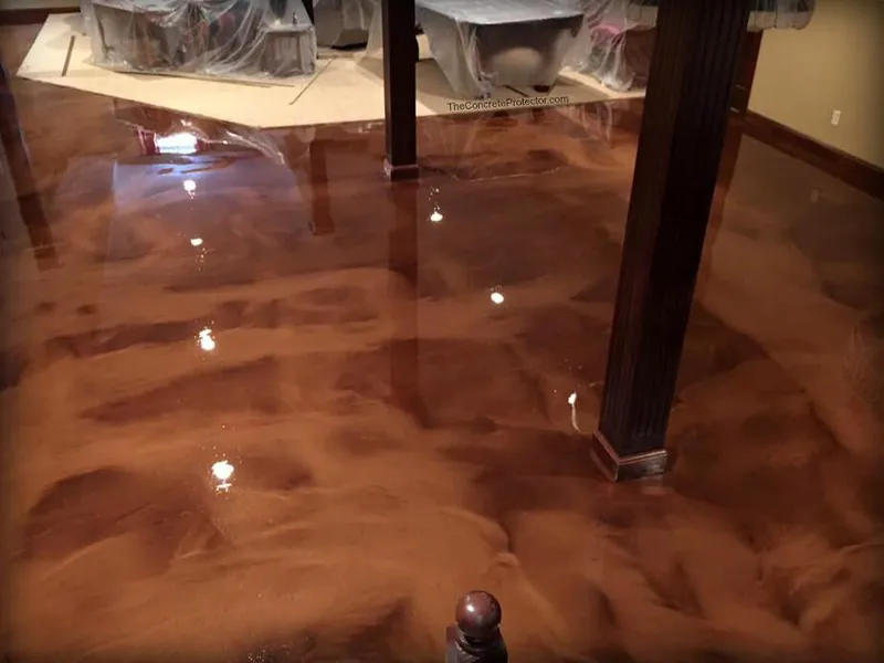 Copper metallic epoxy floor in a basement